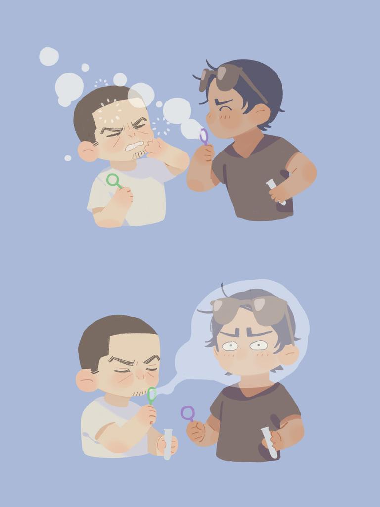 2boys black_hair blue_background brown-tinted_eyewear brown_hair brown_shirt bubble bubble_blowing bubble_wand chengongzi123 closed_eyes constricted_pupils cropped_torso dark-skinned_male dark_skin deformed eyewear_on_head facial_hair facing_another goatee_stubble golden_kamuy hands_up holding koito_otonoshin male_focus multiple_boys no_mouth shirt short_hair short_sleeves simple_background stubble t-shirt tinted_eyewear tsukishima_hajime very_short_hair