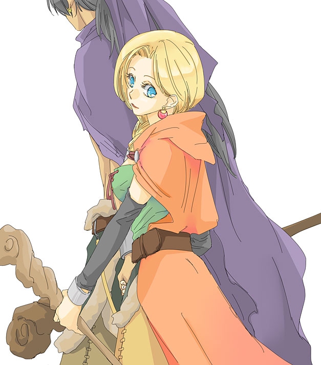 1boy 1girl belt bianca_(dq5) black_hair black_sleeves blonde_hair blue_eyes bracelet braid breasts brown_skirt cape cloak commentary_request couple cowboy_shot detached_sleeves dragon_quest dragon_quest_v earrings from_side green_shirt hair_over_shoulder height_difference hero_(dq5) holding holding_hands holding_staff itadaki_street jewelry kirimochi_niwe large_breasts long_hair looking_at_viewer looking_to_the_side orange_cape purple_cape purple_cloak shirt single_braid skirt staff white_background