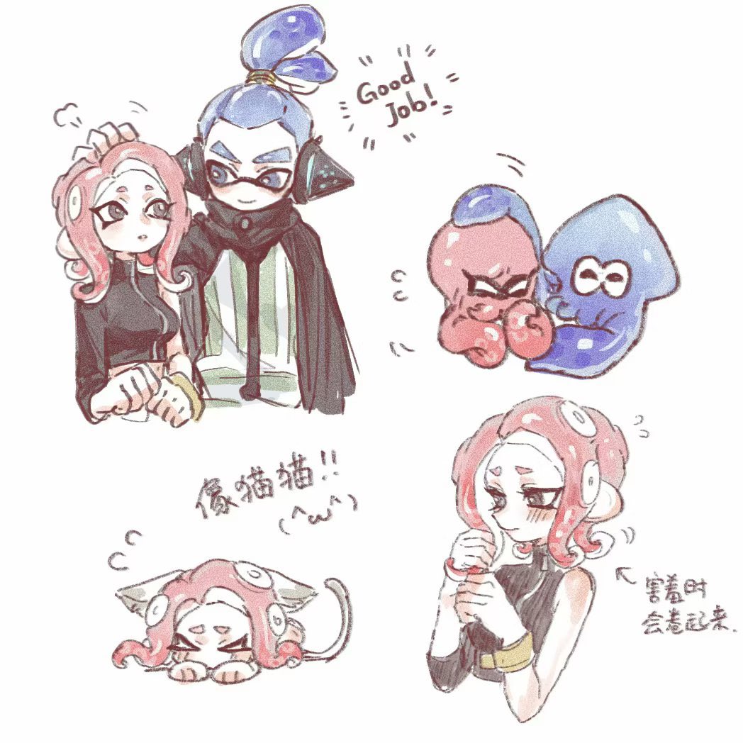 1boy 1girl agent_3_(splatoon) agent_8_(splatoon) animal_ears arrow_(symbol) black_cape black_eyes blue_eyes blue_hair breasts cape cat_ears cat_tail chinese_commentary chinese_text closed_mouth film_grain headgear high-visibility_vest inkling inkling_boy inkling_player_character looking_at_another medium_breasts medium_hair motion_lines octoling octoling_girl octoling_player_character octopus parted_lips ponytail red_hair simple_background single_bare_shoulder single_sleeve smile splatoon_(series) splatoon_2 splatoon_2:_octo_expansion squid suction_cups tail tentacle_hair thenintlichen96 translation_request white_background