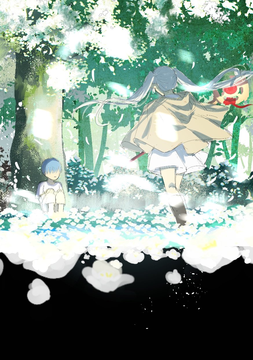 1boy 1girl aged_down blue_hair brown_cape cape chamwa commentary day dress elf english_commentary falling_petals flower forest frieren highres himmel_(sousou_no_frieren) holding holding_staff nature outdoors parted_lips petals pointy_ears shirt short_hair sitting sousou_no_frieren staff tree twintails white_dress white_flower white_hair white_shirt