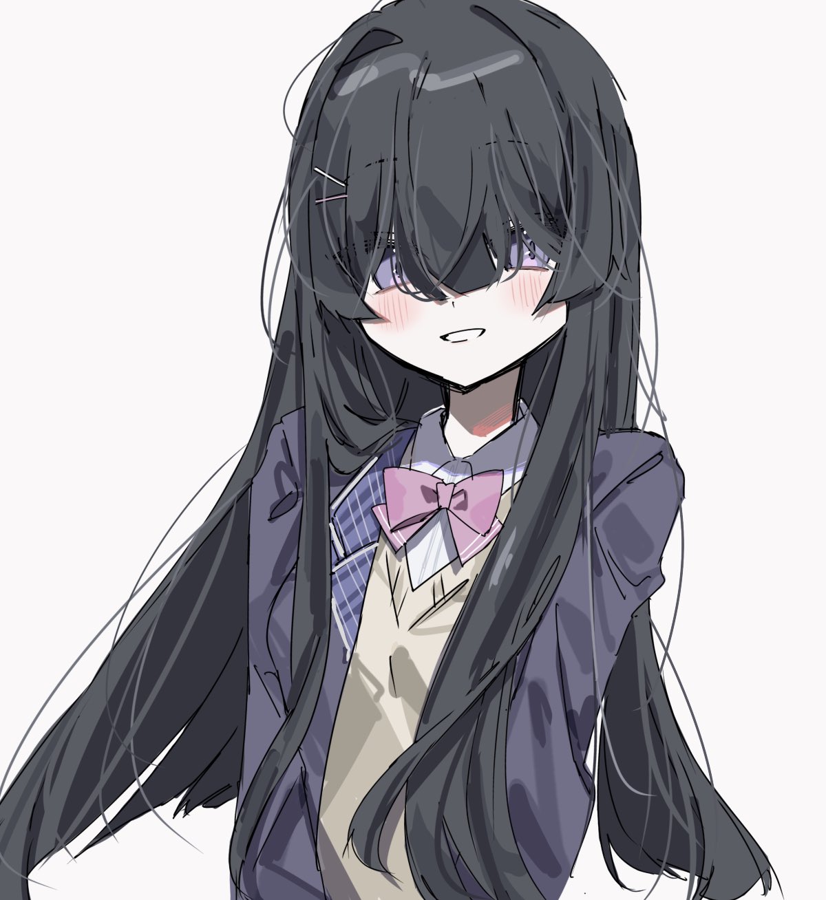 1girl black_hair blush bow bowtie collared_shirt grin hair_between_eyes highres jacket long_bangs long_hair looking_at_viewer nijisanji noyama_(prosiuttooishi) open_clothes open_jacket parted_lips pink_bow pink_bowtie purple_jacket shirt simple_background smile solo sweater_vest tsukino_mito upper_body white_background yellow_sweater_vest