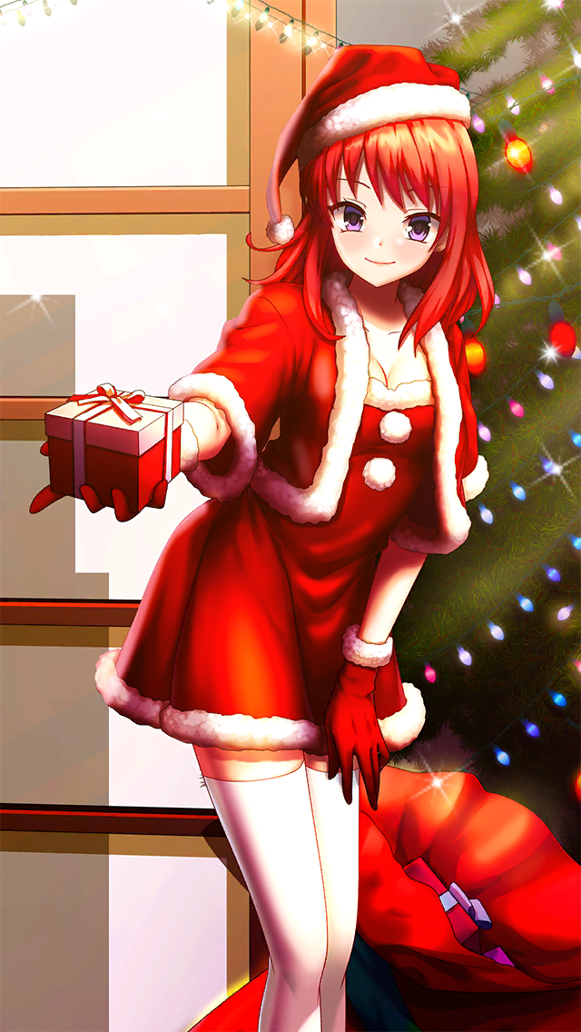 1girl blush box breasts christmas christmas_tree cleavage closed_mouth collarbone doukyuusei_another_world dress fur-trimmed_dress fur-trimmed_gloves fur-trimmed_headwear fur-trimmed_jacket fur_trim game_cg gift gift_box gloves hat holding holding_box indoors jacket kakyuusei leaning_forward long_hair looking_at_viewer medium_breasts official_art open_clothes open_jacket purple_eyes red_dress red_gloves red_hair red_jacket santa_costume santa_hat short_dress smile solo sparkle standing straight_hair tachibana_mayumi thighhighs white_thighhighs zettai_ryouiki