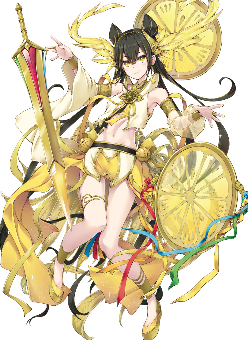 1girl armlet armpits asymmetrical_sleeves bandeau bare_shoulders bell bell_earrings black_hair blonde_hair breasts closed_mouth commentary_request crop_top detached_sleeves duel_monster earrings floating floating_object floating_sword floating_weapon folded_twintails full_body gold_choker groin hair_between_eyes jewelry jingle_bell_earrings long_hair looking_at_viewer midriff mismatched_sleeves multicolored_hair nakazawa_aki navel ohime_the_manifested_mikanko shield shoes sidelocks simple_background skindentation skirt small_breasts smile solo sword thighlet two-tone_hair very_long_hair vest weapon white_background wing_hair_ornament yellow_bandeau yellow_eyes yellow_footwear yellow_skirt yellow_sleeves yellow_vest yu-gi-oh!