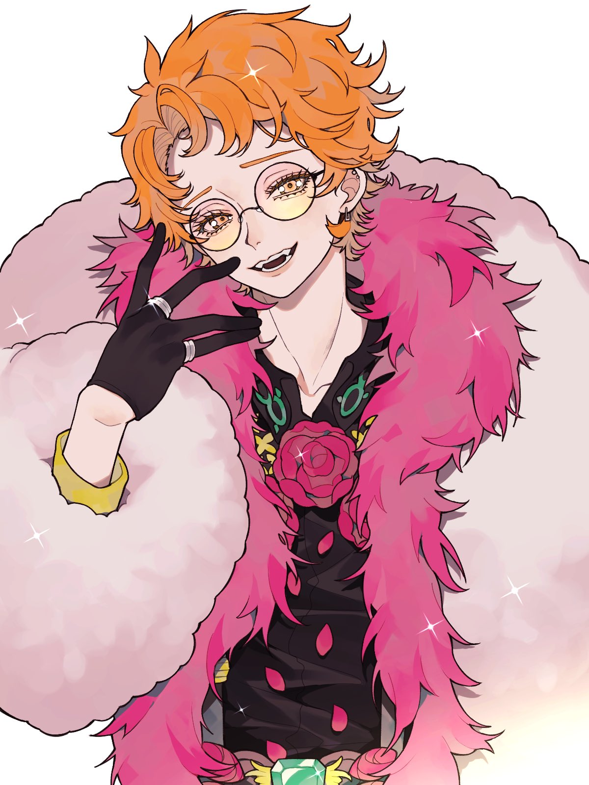 1boy ao_(ao0_0nemu) black_gloves black_shirt coat commentary_request fangs feather_boa flower fur_coat glasses gloves hand_up highres idol_clothes jewelry juuouin_kakeru king_of_prism looking_at_viewer male_focus open_mouth orange_eyes orange_hair pretty_rhythm pretty_series red_flower red_rose ring rose round_eyewear shirt short_hair smile solo sparkle upper_body white_background