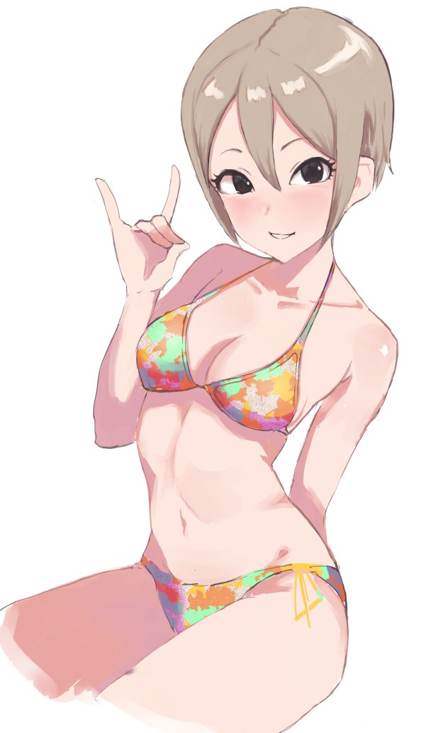 1girl arm_behind_back bare_shoulders bikini black_eyes blush breasts cellomaiko cleavage collarbone cropped_legs fox_shadow_puppet grey_hair hair_between_eyes hand_up idolmaster idolmaster_cinderella_girls idolmaster_cinderella_girls_starlight_stage looking_at_viewer medium_breasts mismatched_bikini navel parted_lips shiomi_syuko short_hair side-tie_bikini_bottom simple_background sitting smile solo swimsuit white_background