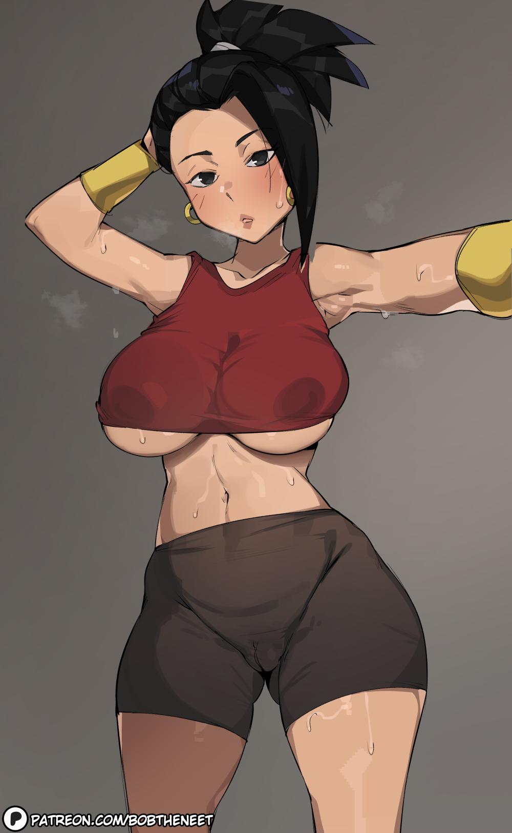 armpits ass bare_shoulders black_eyes black_hair blush bob_(bobtheneet) bracelet breasts brown_shorts cameltoe collarbone covered_nipples curvy dragon_ball dragon_ball_super earrings gold_bracelet grey_background hand_on_own_head hand_out_of_frame highres huge_breasts jewelry kale_(dragon_ball) large_areolae large_breasts long_hair looking_at_viewer midriff navel plump ponytail red_shirt shirt shorts simple_background steam steaming_body sweat tank_top thighs