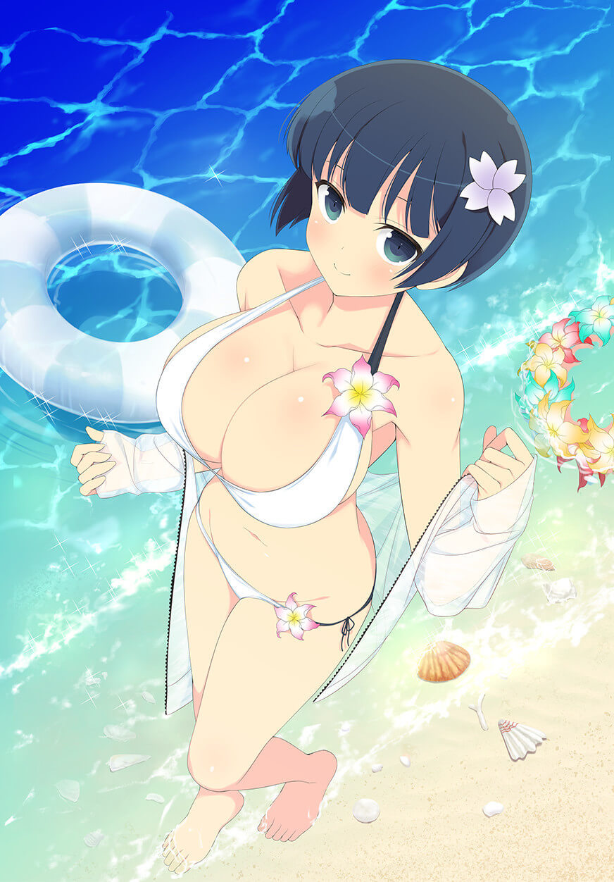 1girl aqua_eyes bare_legs bare_shoulders barefoot beach bikini blue_eyes blue_flower blue_hair blunt_bangs blush body_blush bowl_cut breasts cleavage collarbone day flower flower_wreath from_above groin hair_flower hair_ornament halterneck highres innertube jacket large_breasts long_sleeves looking_at_viewer looking_up navel ocean off_shoulder official_art open_clothes open_jacket outdoors pink_flower sand seashell see-through senran_kagura senran_kagura_new_wave senran_kagura_shinovi_versus shell shiny_skin short_hair sleeves_past_wrists smile solo standing stick strap_gap swim_ring swimsuit water waves white_bikini white_jacket yaegashi_nan yozakura_(senran_kagura)