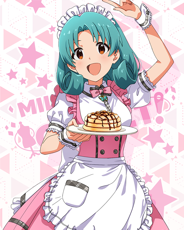 1girl :d apron bow bowtie breasts brown_eyes butterfly_ornament chocolate_syrup curly_hair dot_nose dress food forehead frilled_apron frilled_skirt frills grey_hair holding holding_plate idolmaster idolmaster_million_live! idolmaster_million_live!_theater_days maid_headdress marshmallow medium_breasts official_alternate_costume official_art open_mouth pancake pancake_stack parted_bangs pink_bow pink_bowtie pink_dress plate pointing pointing_up pretty_waitress_(idolmaster) puffy_short_sleeves puffy_sleeves roasted_marshmallow shirt short_hair short_sleeves sidelocks skirt smile solo standing starry_background straight-on thighhighs tokugawa_matsuri upper_body waist_apron waitress white_apron white_shirt white_thighhighs wrist_cuffs