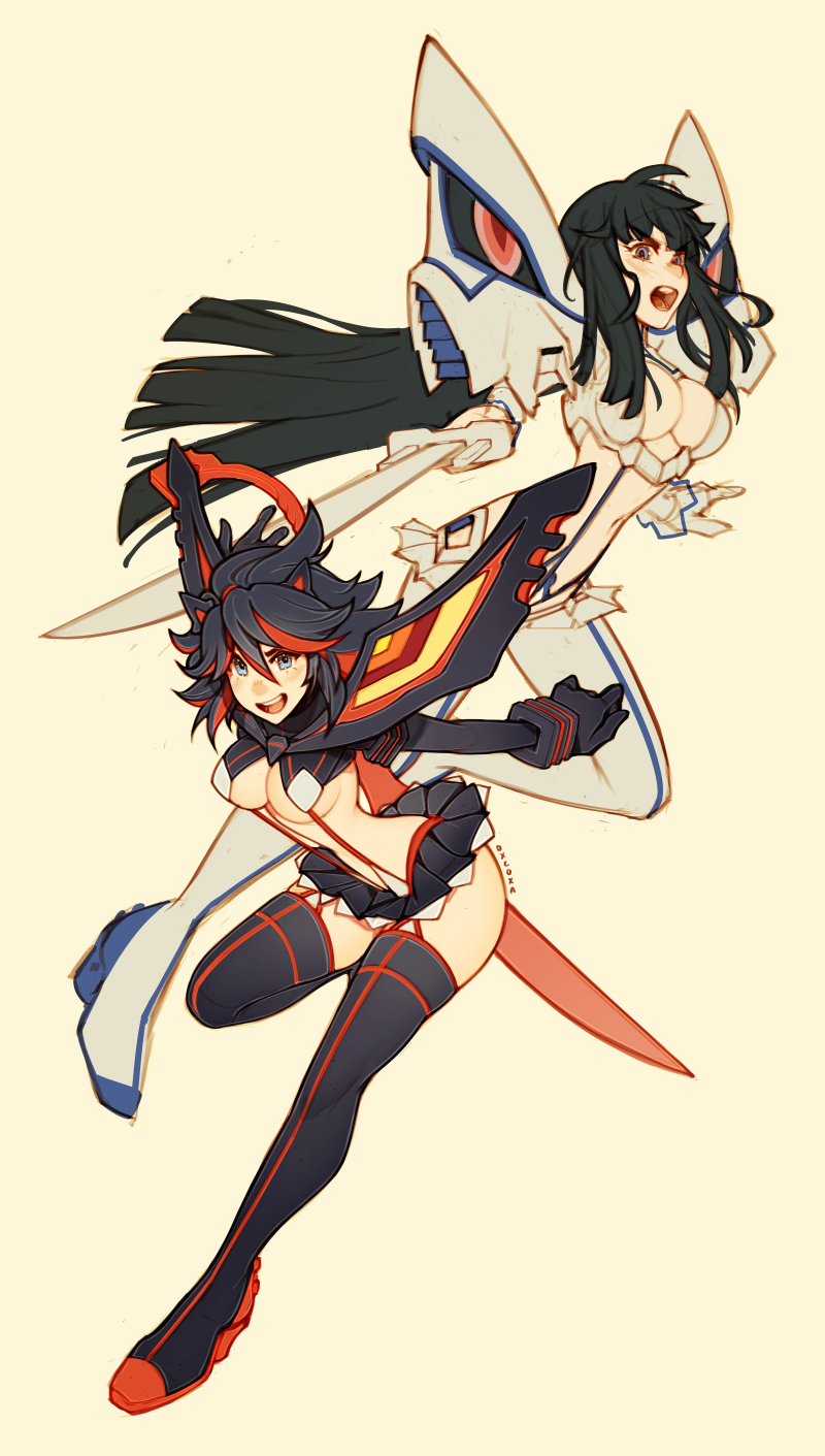 2girls :d arm_behind_back artist_name black_hair black_thighhighs blue_eyes blush breasts gloves hair_between_eyes highres kill_la_kill kiryuuin_satsuki leaning_forward long_hair looking_at_viewer matoi_ryuuko medium_breasts microskirt multicolored_hair multiple_girls oxcoxa red_hair red_thighhighs revealing_clothes scissor_blade_(kill_la_kill) senketsu short_hair skirt smile streaked_hair suspenders teeth thighhighs two-tone_hair two-tone_thighhighs underboob upper_teeth_only weapon