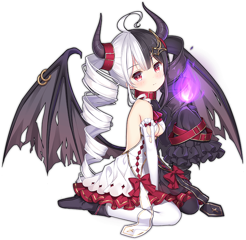 1girl ahoge ark_order ascot bare_shoulders black_dress black_footwear black_hair boots bow breasts closed_mouth collar demon_wings detached_sleeves dress drill_hair elbow_gloves expressionless fire frilled_sleeves frills from_side full_body gloves hair_belt hair_ornament hairclip hela_(ark_order) horns ikataruto looking_at_viewer medium_breasts multicolored_hair official_art red_ascot red_bow red_collar red_eyes single_glove single_sleeve sitting sleeves_past_fingers sleeves_past_wrists solo split-color_hair tachi-e torn_wings transparent_background twin_drills two-tone_hair variant_set wariza white_dress white_gloves white_hair wings