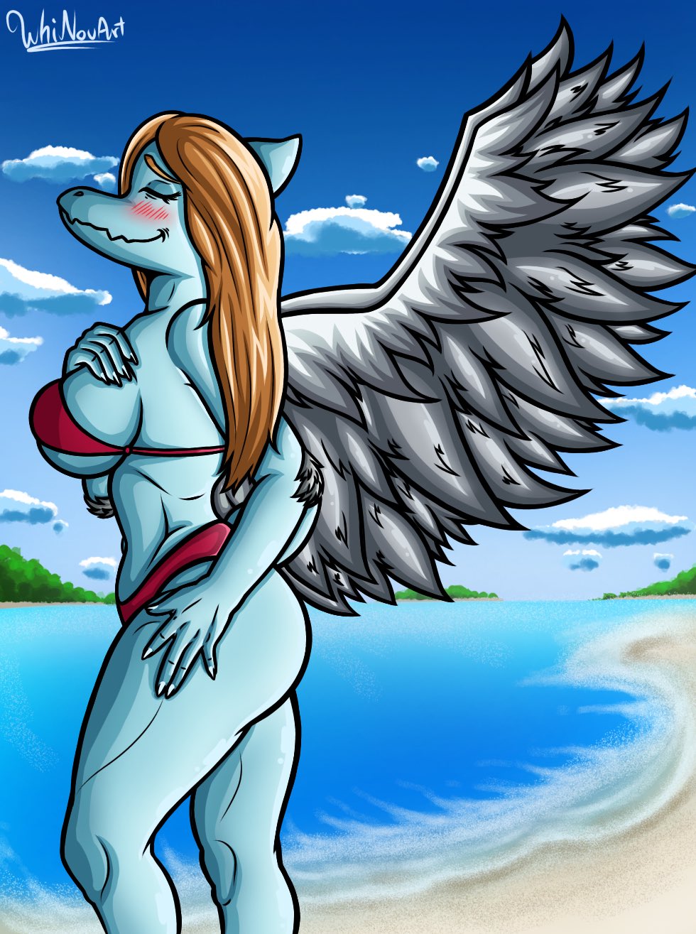 5_fingers anthro arm_feathers beach big_breasts bikini blonde_hair bone_frill breasts butt cavemanon_studios clothing cloud colored detailed_background elbow_feathers eyes_closed feathered_wings feathers female fingers flesh_fang frill_(anatomy) grey_body grey_feathers hair hand_on_breast hand_on_leg hand_on_thigh head_crest head_frill hi_res long_hair mature_anthro mature_female pose pterodactylus pterosaur red_bikini red_clothing red_swimwear reptile samantha_(snoot_game) scalie sea short_tail side_view sky small_waist smile snoot_game snout solo spread_wings swimwear tail water whinouart wings