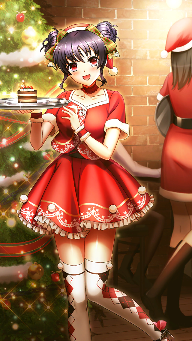 2girls :d black_hair bow brick_wall cake choker christmas christmas_tree collarbone double_bun doukyuusei_2 doukyuusei_another_world food frilled_skirt frills fur-trimmed_headwear fur_trim game_cg hair_bow hair_bun hat holding holding_plate indoors looking_at_viewer miniskirt multiple_girls narusawa_yui official_art open_mouth plaid plaid_bow plate print_skirt red_choker red_eyes red_shirt red_skirt santa_costume santa_hat shiny_skin shirt short_hair short_sleeves skirt smile solo_focus thighhighs white_thighhighs yellow_bow zettai_ryouiki