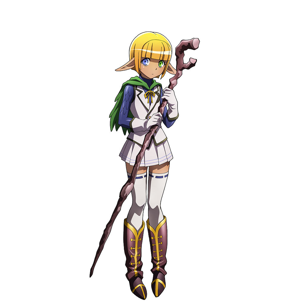 1boy blonde_hair blue_eyes blunt_bangs boots brown_footwear dark_elf elf gloves green_eyes heterochromia holding holding_staff mare_bello_fiore official_art overlord_(maruyama) pleated_skirt pointy_ears short_hair skirt solo staff thighhighs white_gloves