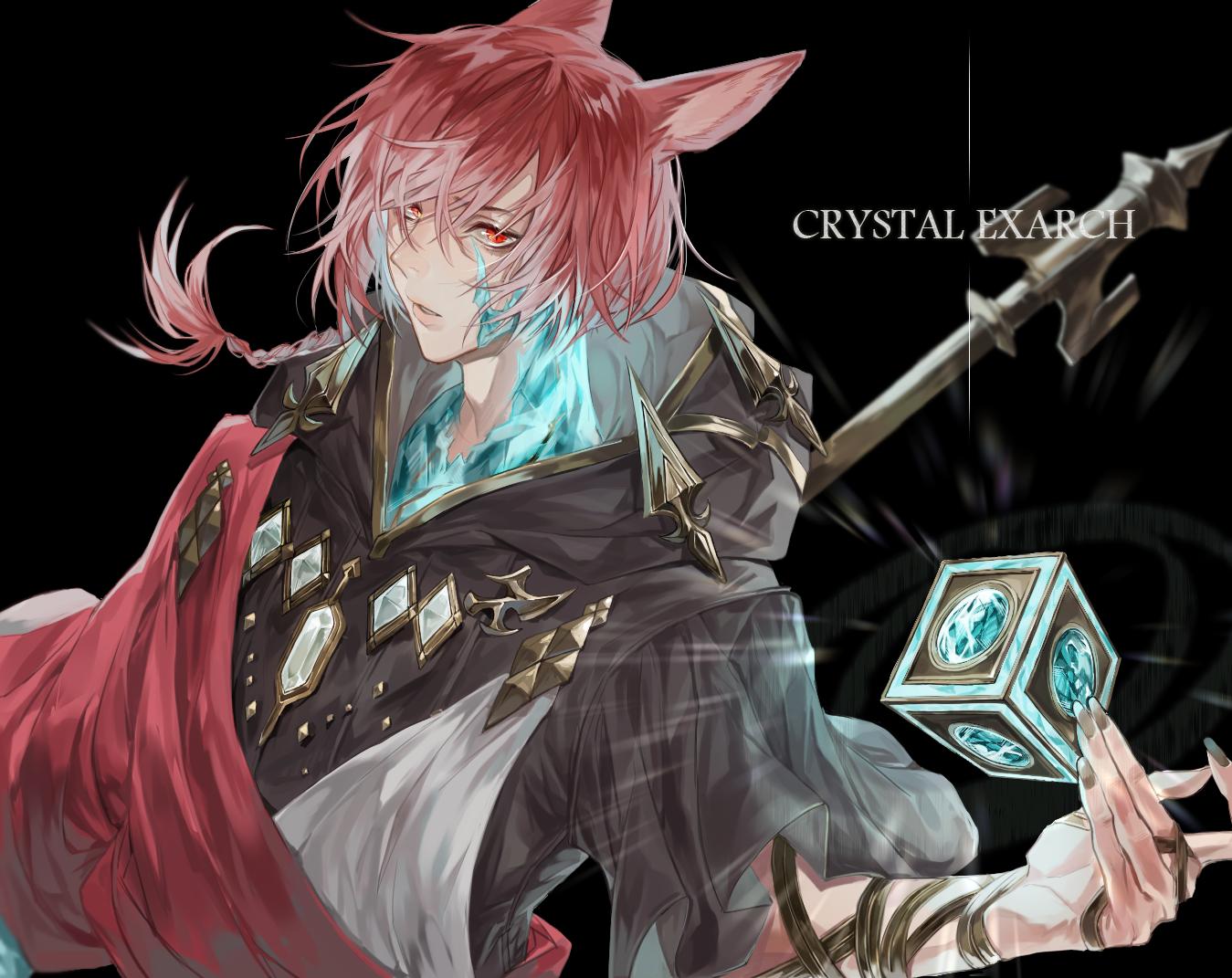 animal_ears black_background brown_nails cat_ears character_name cloak crystal_exarch cube final_fantasy final_fantasy_xiv g'raha_tia hand_up hood hood_down hooded_cloak looking_at_viewer material_growth nail_polish parted_lips red_eyes red_hair scepter tladpwl03