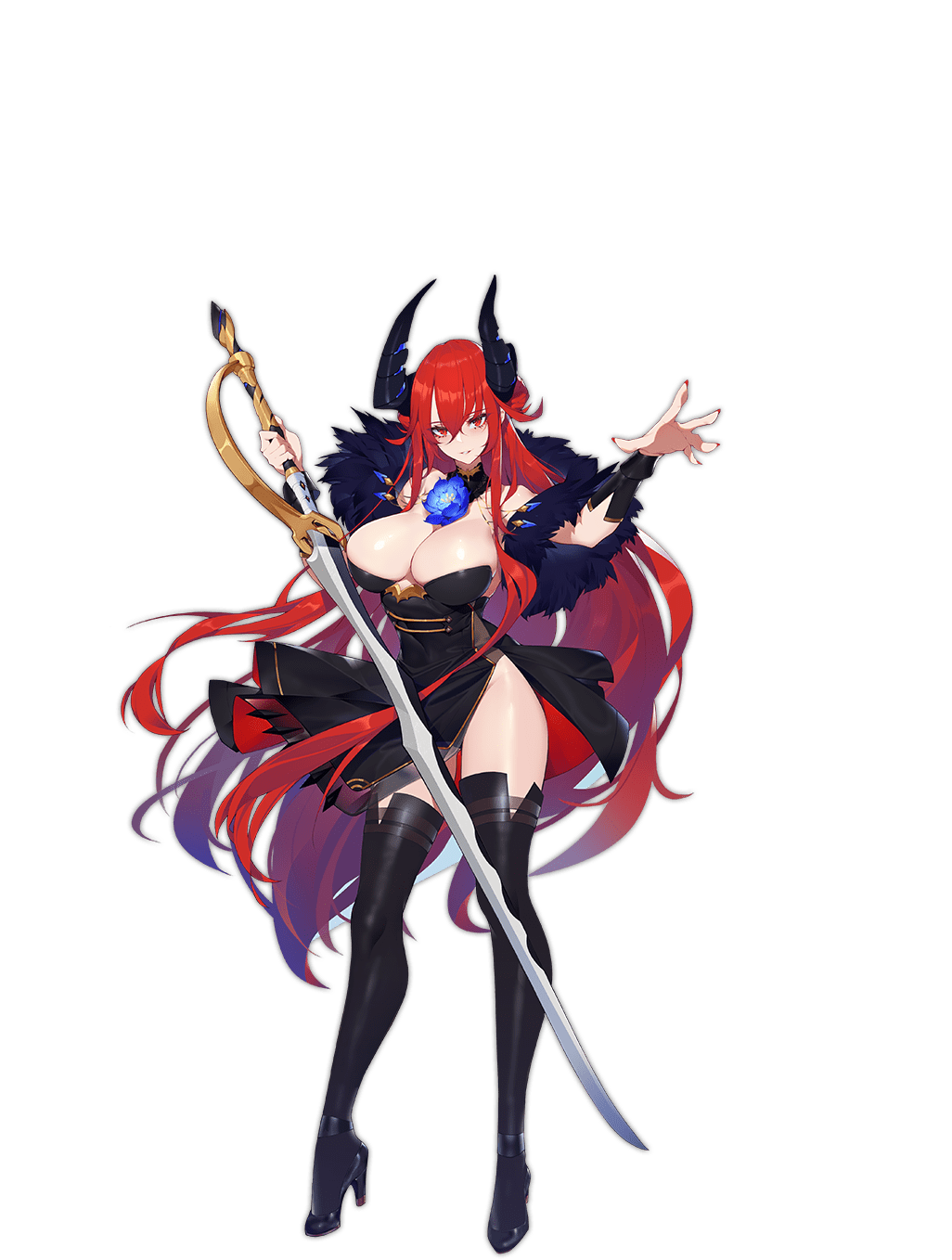 1girl ark_order asura_(ark_order) black_dress black_footwear boots breasts calder cleavage cuffs detached_collar dress fingernails flower full_body hair_between_eyes high_heel_boots high_heels highres holding holding_sword holding_weapon horns huge_breasts long_fingernails long_hair multicolored_hair nail_polish official_art parted_lips red_eyes red_hair side_slit sidelocks solo standing streaked_hair sword thigh_boots very_long_hair weapon