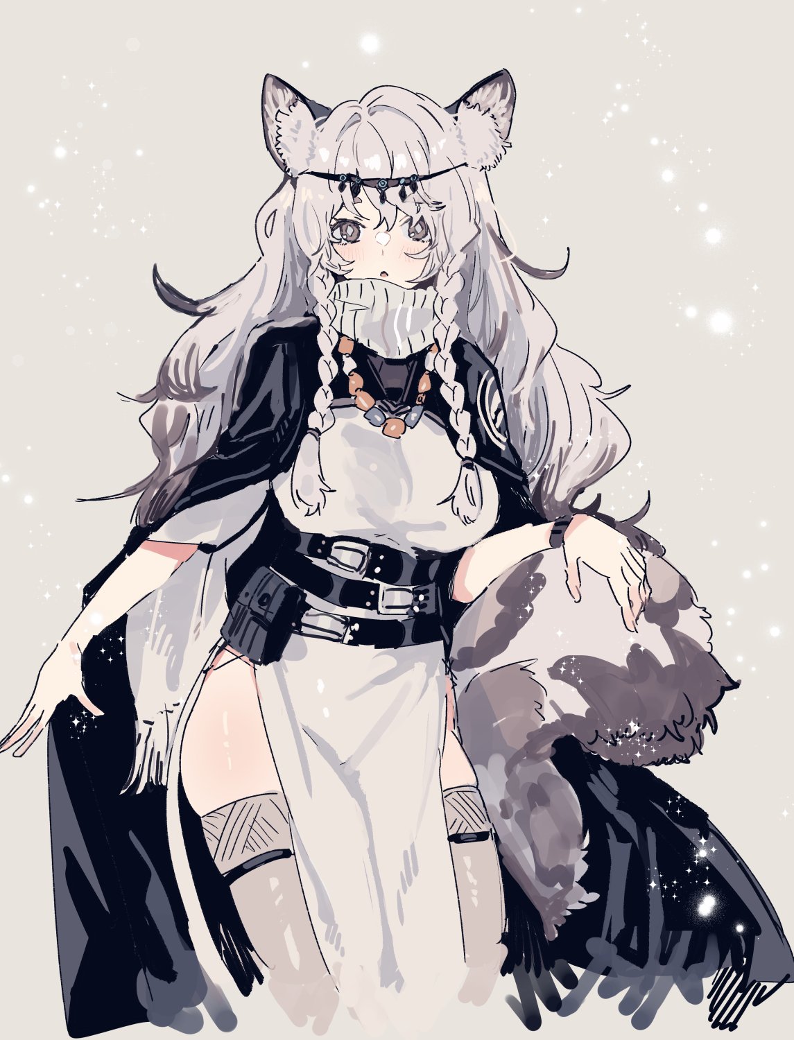 1girl animal_ear_fluff animal_ears arknights braid dress grey_background grey_eyes grey_hair grey_thighhighs hair_between_eyes head_chain highres jewelry leopard_ears leopard_girl leopard_tail long_hair looking_at_viewer necklace parted_lips pelvic_curtain pramanix_(arknights) shishiseed side_braids simple_background snowing solo tail thighhighs turtleneck turtleneck_dress