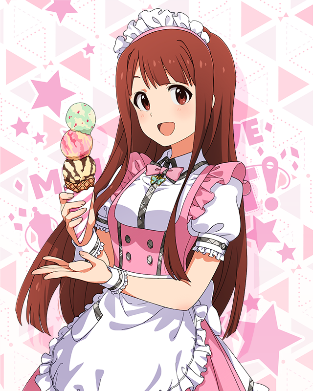 1girl :d apron blush bow bowtie breasts butterfly_ornament dot_nose dress food frilled_apron frilled_skirt frills holding holding_ice_cream_cone ice_cream ice_cream_cone idolmaster idolmaster_million_live! idolmaster_million_live!_theater_days long_hair looking_at_viewer maid_headdress official_alternate_costume official_art open_mouth parted_bangs pink_bow pink_bowtie pink_dress pretty_waitress_(idolmaster) puffy_short_sleeves puffy_sleeves red_eyes red_hair shirt short_sleeves sidelocks skirt small_breasts smile solo standing starry_background straight_hair thighhighs triple_scoop upper_body waist_apron waitress white_apron white_shirt white_thighhighs wrist_cuffs