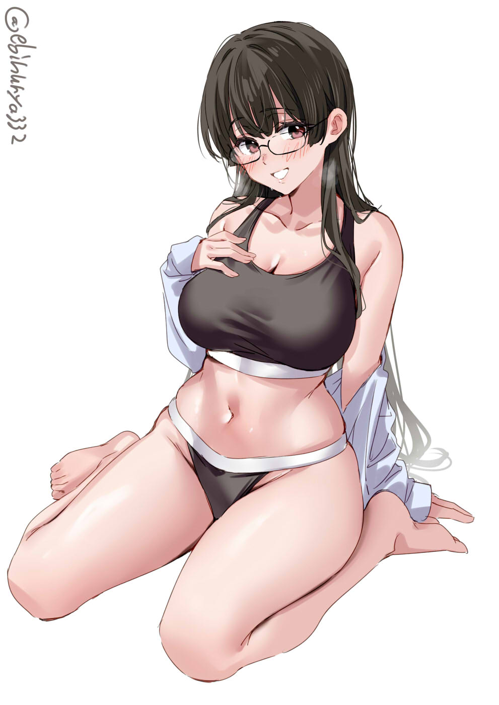 1girl bare_shoulders barefoot black_hair black_sports_bra blush breasts choukai_(kancolle) collarbone ebifurya glasses grin hand_on_own_chest hand_up heavy_breathing highres kantai_collection large_breasts long_hair long_sleeves looking_at_viewer one-hour_drawing_challenge red_eyes shirt simple_background sitting smile sports_bra sweat thighs twitter_username wariza white_background white_shirt