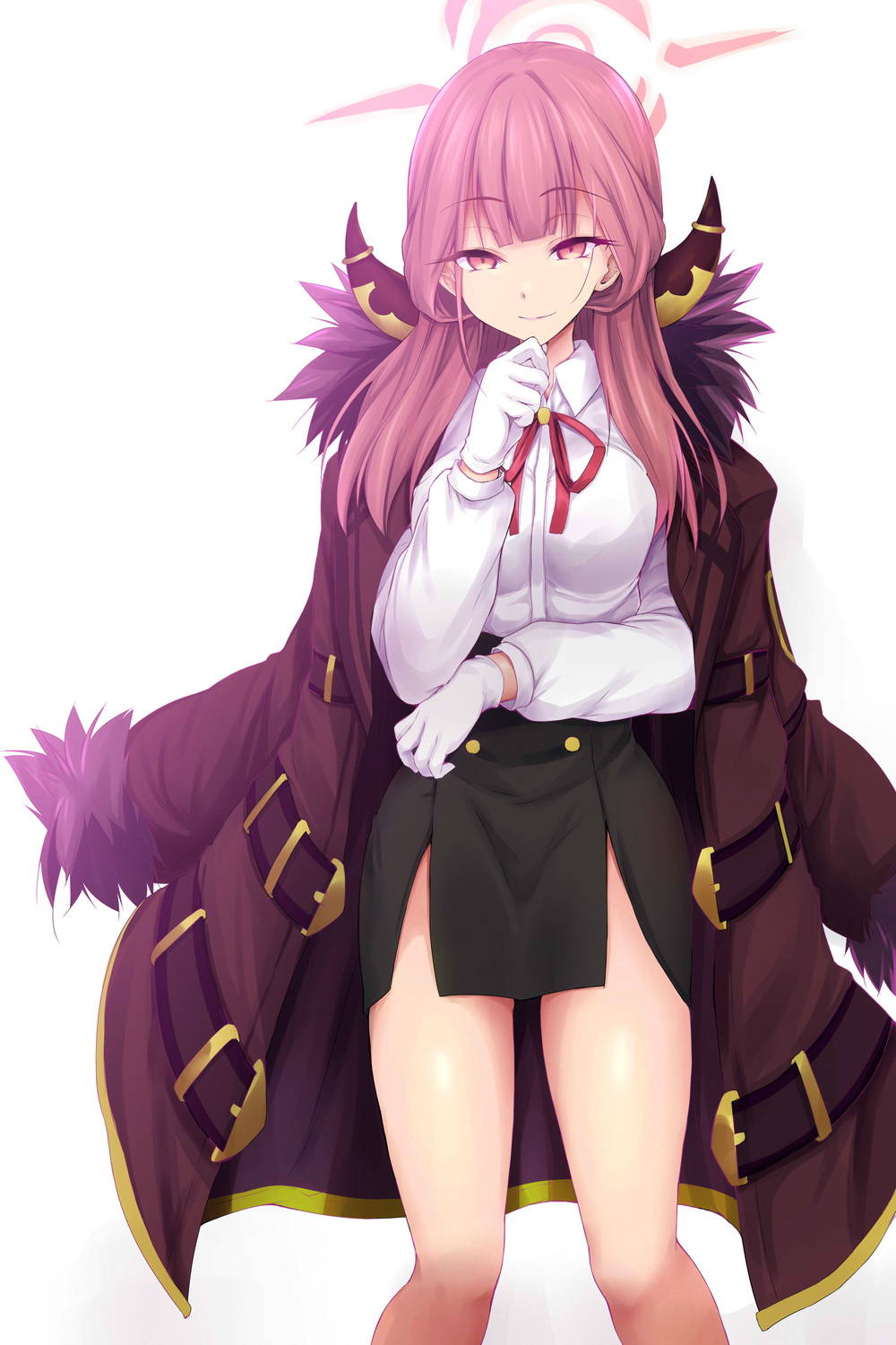 1girl aru_(blue_archive) black_skirt blue_archive breasts brown_coat coat coat_on_shoulders collared_shirt dress_shirt fur-trimmed_coat fur_trim gloves halo highres horns large_breasts long_hair long_sleeves looking_at_viewer neck_ribbon pencil_skirt pink_eyes pink_hair ribbon sen_(astronomy) shirt skirt smile solo thighs white_gloves white_shirt