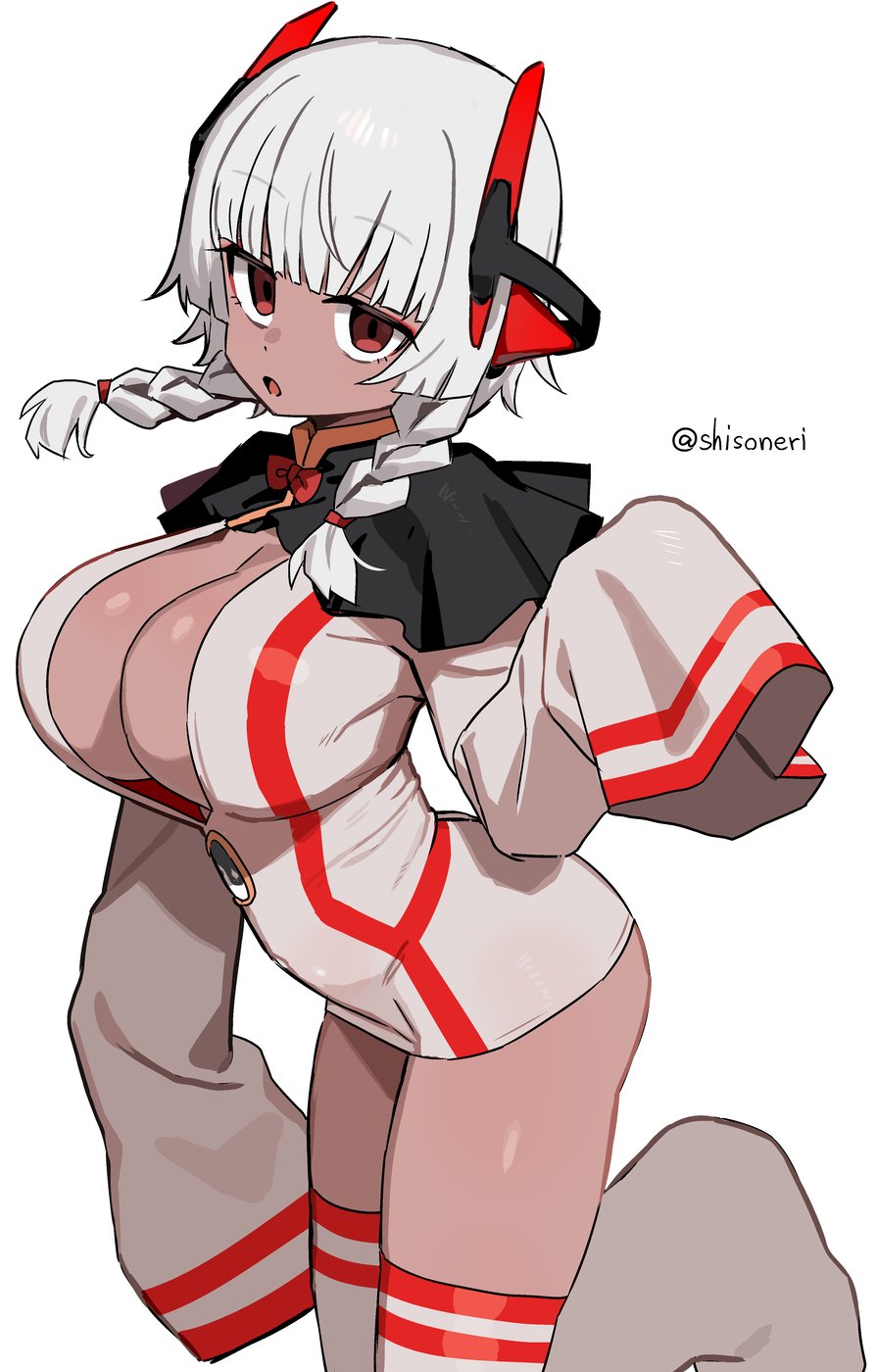 blunt_bangs bow bowtie braid breasts capelet center_opening cleavage cowboy_shot dark-skinned_female dark_skin dress from_side grey_hair hair_over_shoulder highres horns jitome large_breasts looking_at_viewer lunafan mechanical_ears open_mouth original pencil_dress red_bow red_bowtie red_eyes sanpaku shisoneri short_dress simple_background sleeves_past_fingers sleeves_past_wrists thighhighs tight_clothes tight_dress traditional_bowtie twin_braids twitter_username white_background white_dress white_hair