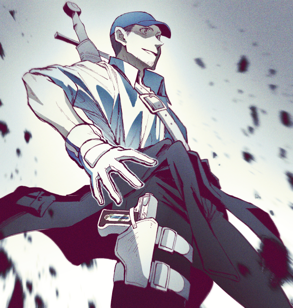 1boy baseball_cap belt_buckle black_hair black_pants blue_hat buckle clothes_around_waist collared_shirt commentary_request cowboy_shot debris evoker facial_hair gloves hat holster iori_junpei jacket jacket_around_waist male_focus open_hand pants parted_lips persona persona_3 persona_3_reload shirt short_hair shoulder_belt sleeves_rolled_up solo sword sword_on_back takakura_(54baaaan) thigh_holster weapon weapon_on_back