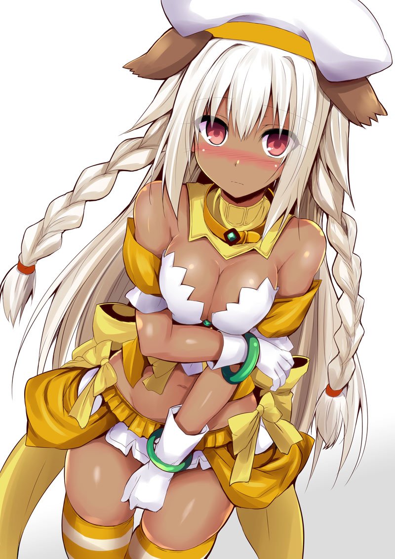 1girl animal_ears bare_shoulders beret blush bra bracelet braid breasts brooch cleavage collar cosplay dark-skinned_female dark_skin detached_collar dog_ears fake_animal_ears fate/grand_order fate_(series) gloves hat jeanne_d'arc_(april_magical)_(fate) jeanne_d'arc_(april_magical)_(fate)_(cosplay) jeanne_d'arc_(fate) jewelry lakshmibai_(fate) long_hair looking_at_viewer medium_breasts microskirt navel red_eyes rojiura_satsuki:_chapter_heroine_sanctuary sen_(astronomy) sidelocks skirt thighhighs thighs twin_braids underwear white_bra white_gloves white_hair white_hat white_skirt yellow_thighhighs