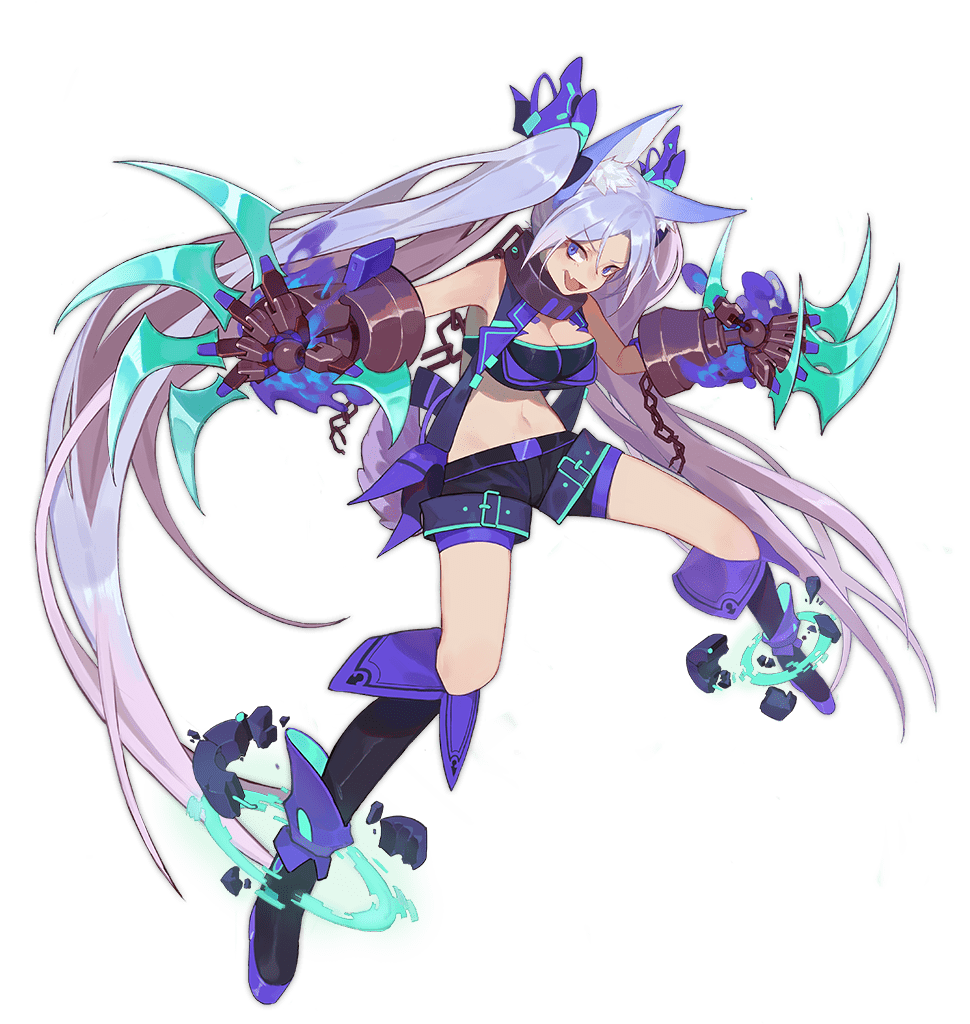 1girl :d animal_ear_fluff animal_ears ark_order black_tube_top blue_eyes blue_fire blue_footwear blue_hair blue_shorts blue_vest boots breasts broken chain claw_(weapon) cuffs energy fang fenrir_(ark_order) fire full_body gauntlets knee_boots large_breasts long_hair looking_at_viewer midriff navel official_art red_cucumber shackles shorts sidelocks skin_fang smile solo strapless tachi-e tail transparent_background tube_top twintails variant_set very_long_hair vest weapon wolf_ears wolf_tail