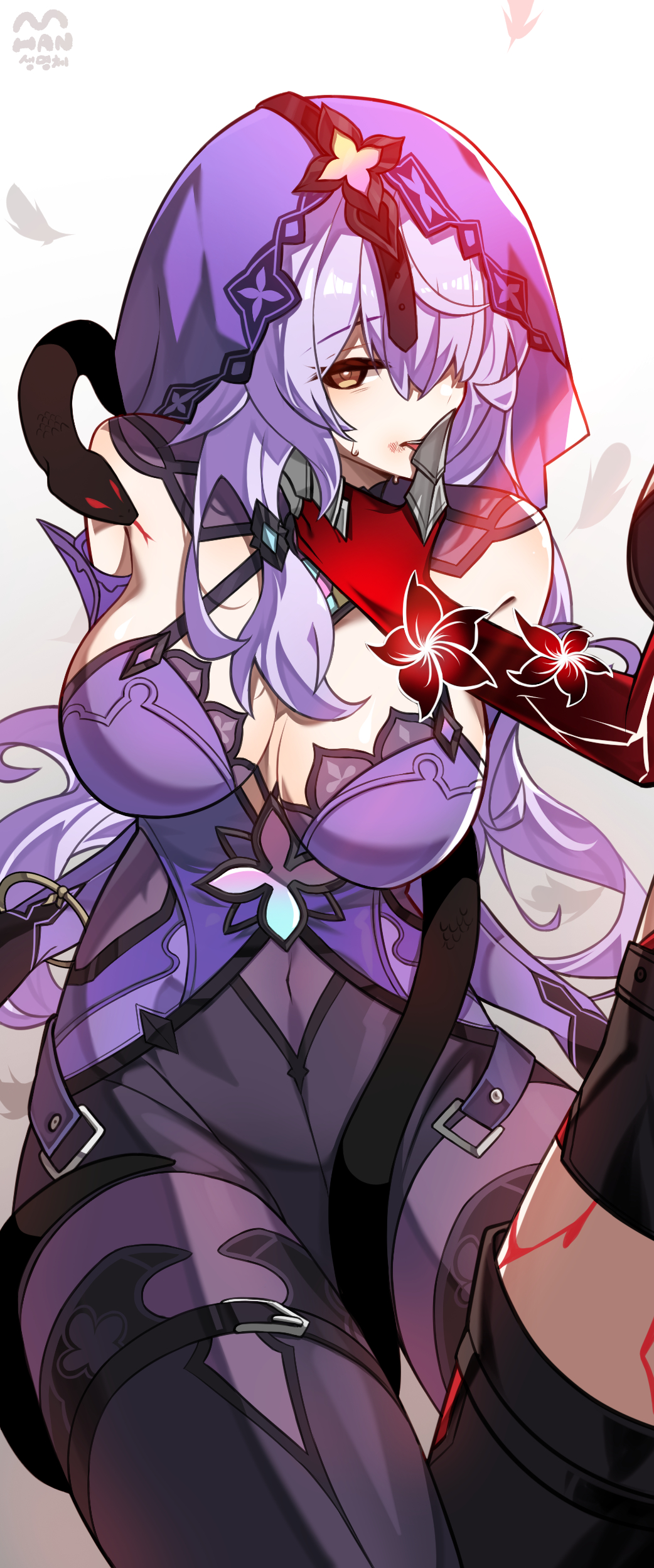 2girls absurdres acheron_(honkai:_star_rail) bare_shoulders black_swan_(honkai:_star_rail) breasts brown_eyes cleavage commentary covered_navel flower highres honkai:_star_rail honkai_(series) large_breasts long_hair looking_at_viewer multiple_girls pantyhose purple_hair red_flower simple_background snake tipang_(gurimulguryo) veil white_background yuri