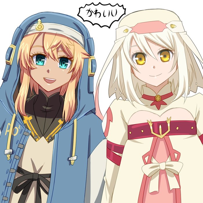 1boy 1girl alice_(tales) androgyne_symbol blonde_hair bridget_(guilty_gear) green_eyes guilty_gear guilty_gear_strive habit hood hood_up hooded_jacket hoodie jacket long_sleeves looking_at_viewer medium_hair open_clothes open_hoodie open_mouth otoko_no_ko short_hair smile tales_of_(series) tales_of_symphonia tales_of_symphonia_knight_of_ratatosk tondabayashi_koori white_hair yellow_eyes