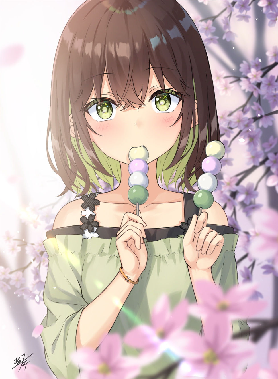 1girl blurry blurry_background blurry_foreground branch brown_hair cherry_blossoms collarbone commentary_request dango day depth_of_field eating flower food green_eyes green_hair green_shirt hair_between_eyes hands_up highres holding holding_food long_sleeves looking_at_viewer miko_fly multicolored_hair off-shoulder_shirt off_shoulder original outdoors petals pink_flower sanshoku_dango shirt signature solo two-tone_hair upper_body wagashi wide_sleeves