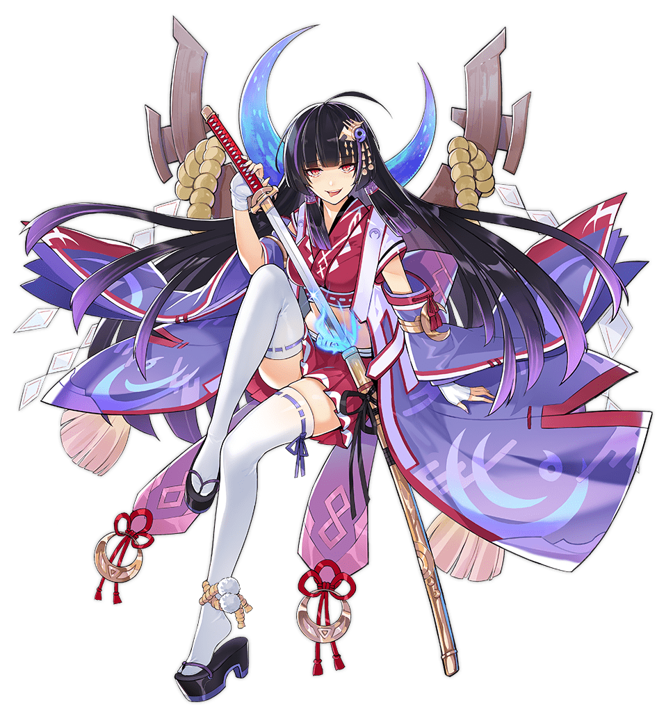 1girl ahoge ark_order artist_request black_footwear black_hair blue_fire breasts cape detached_sleeves fire full_body grin hair_ornament hair_tubes holding holding_sword holding_weapon invisible_chair katana large_breasts long_hair long_sleeves midriff nontraditional_miko official_art okobo purple_cape purple_sleeves red_eyes red_shirt red_skirt ribbon_trim rope sandals sheath shide shimenawa shirt sidelocks sitting skirt smile solo sword tachi-e thighhighs tongue tongue_out transparent_background tsukuyomi_no_mikoto_(ark_order) unsheathing variant_set very_long_hair weapon white_thighhighs wide_sleeves