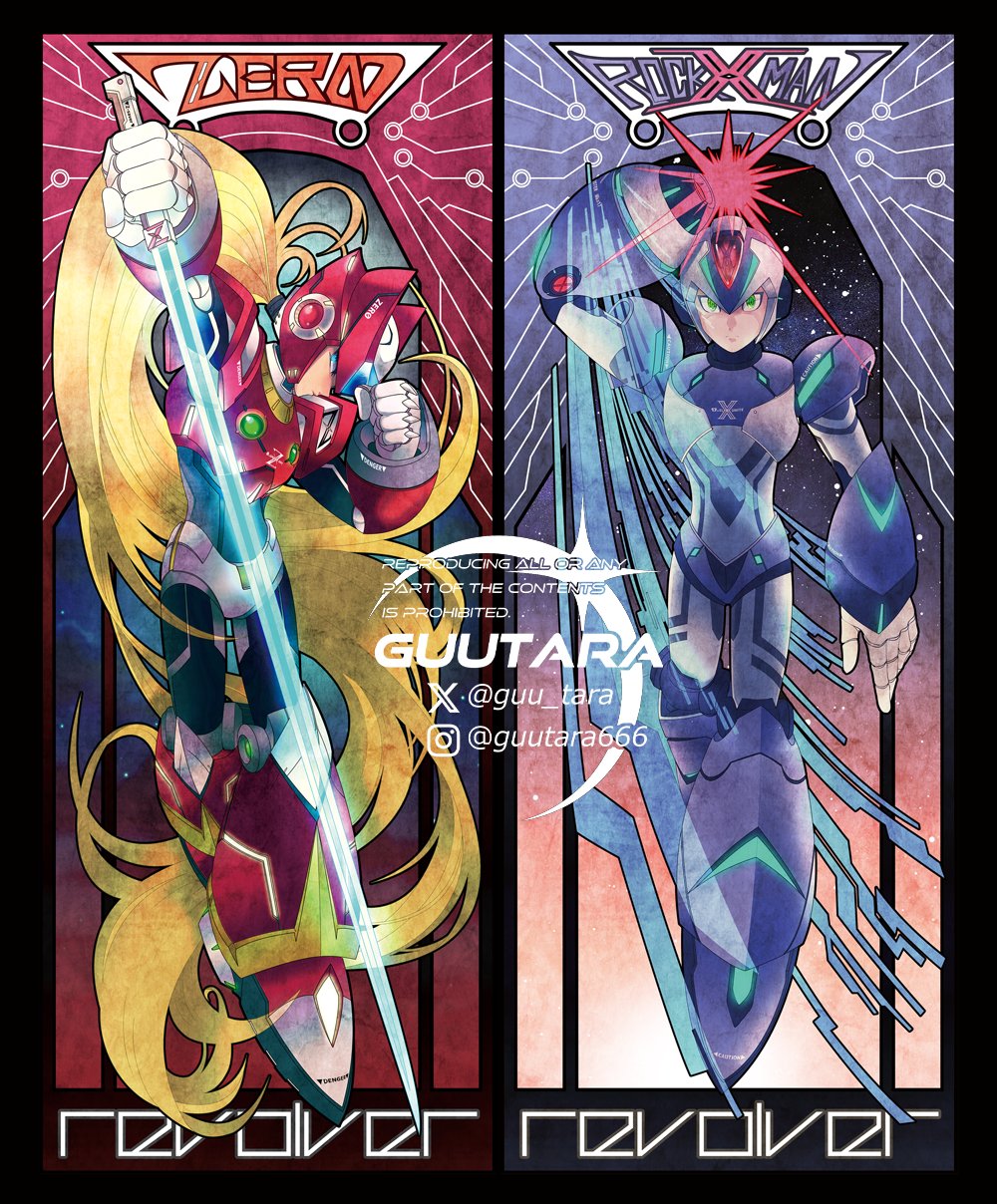 2boys arm_cannon armor artist_logo artist_name blonde_hair blue_armor blue_eyes blue_footwear blue_helmet boots character_name commentary_request energy_sword forehead_jewel guutara highres holding holding_sword holding_weapon instagram_logo instagram_username long_hair mega_man_(series) mega_man_x_(series) multiple_boys powering_up red_armor red_eyes red_footwear red_helmet shoulder_armor sword text_print twitter_logo twitter_username watermark weapon x_(mega_man) x_buster z_saber zero_(mega_man)