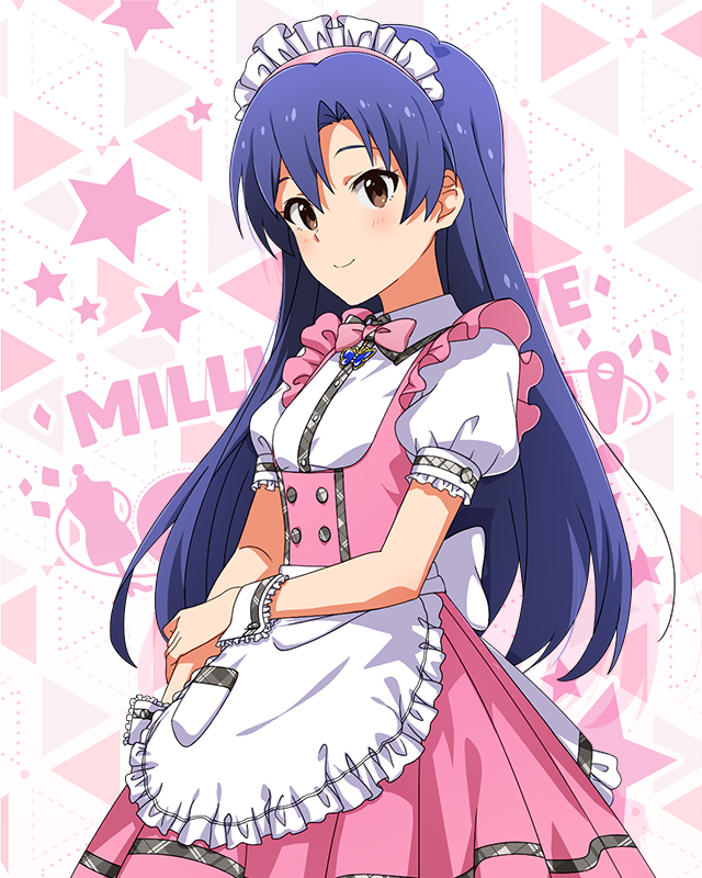 1girl apron blue_hair blush bow bowtie breasts brown_eyes butterfly_ornament dot_nose dress eyelashes frilled_apron frilled_skirt frills from_side hair_between_eyes hand_on_own_arm idolmaster idolmaster_(classic) idolmaster_million_live! idolmaster_million_live!_theater_days kisaragi_chihaya long_hair looking_afar maid_headdress official_alternate_costume official_art pink_bow pink_bowtie pink_dress pretty_waitress_(idolmaster) puffy_short_sleeves puffy_sleeves shirt short_sleeves sidelocks skirt small_breasts solo standing starry_background straight_hair thighhighs upper_body waist_apron white_apron white_shirt white_thighhighs wrist_cuffs