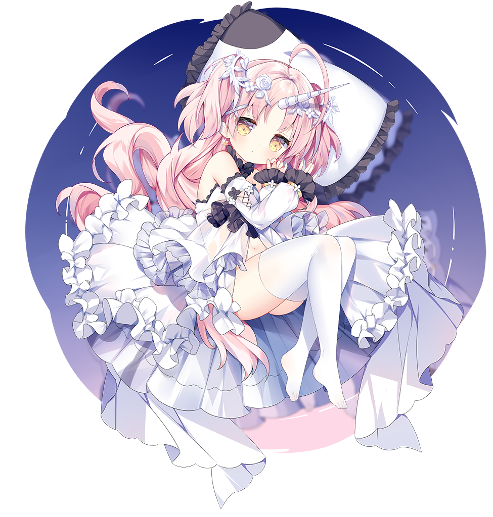 1girl ahoge ark_order bare_shoulders closed_mouth detached_sleeves dot_mouth dress expressionless frilled_dress frilled_pillow frilled_sleeves frills full_body hair_ornament hair_ribbon horns horse_tail jewelry long_hair long_sleeves looking_at_viewer lying no_shoes official_art on_side pillow pink_hair pointy_ears ribbon round_image single_horn solo tail thighhighs transparent_background tsukimi_(xiaohuasan) two_side_up unicorn_(ark_order) unicorn_girl white_dress white_thighhighs x_hair_ornament yellow_eyes