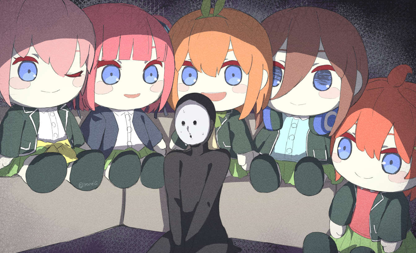 1other 5girls chibi go-toubun_no_hanayome irarei_(araisanblog) meme multiple_girls nakano_ichika nakano_itsuki nakano_miku nakano_nino nakano_yotsuba piper_perri_surrounded_(meme) school_uniform twitter_username