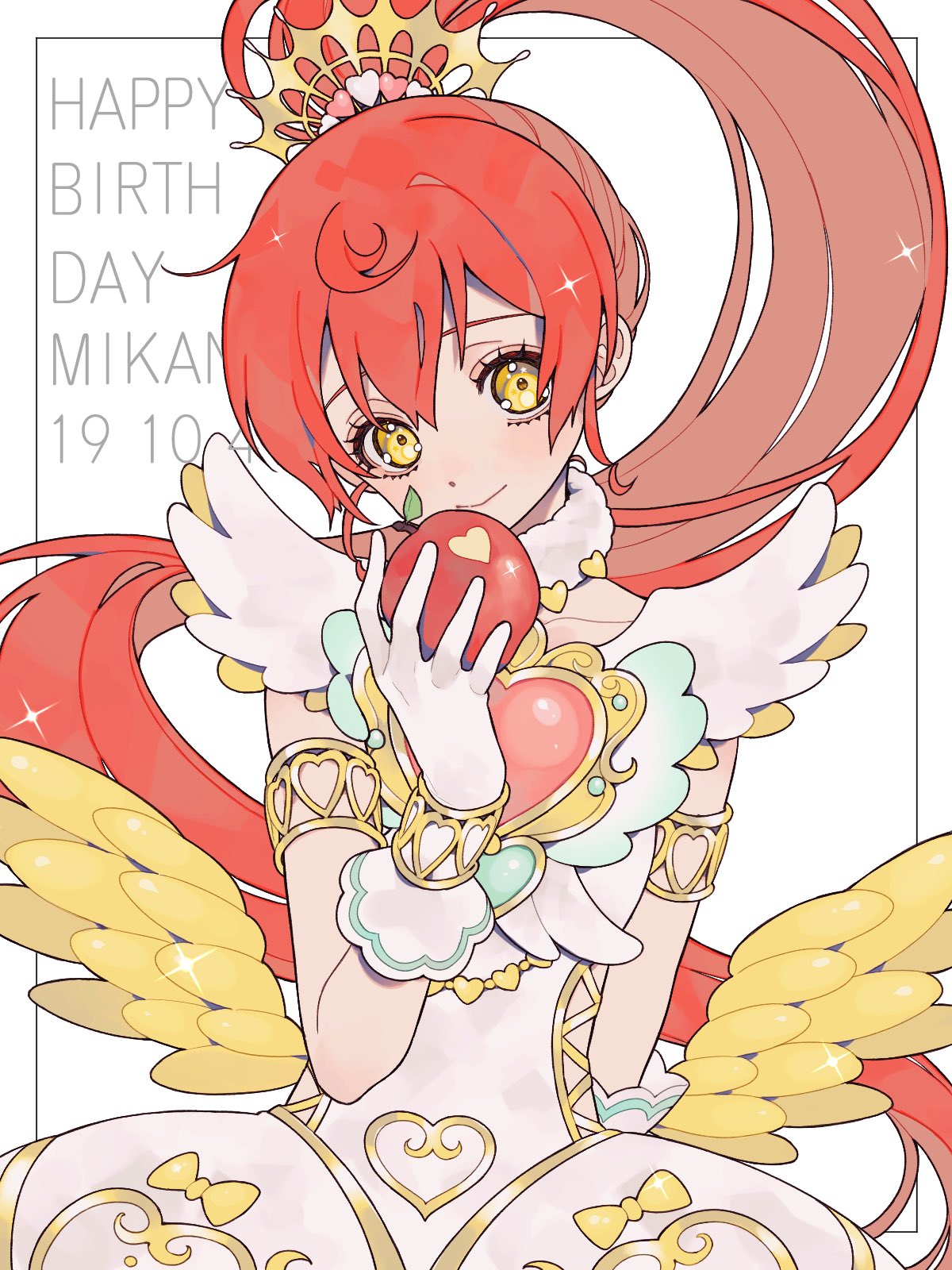 1girl ao_(ao0_0nemu) apple armlet bad_id bad_twitter_id bare_shoulders character_name commentary_request dress feathered_wings food fruit gold_trim hand_up happy_birthday highres holding holding_food idol_clothes long_hair looking_at_viewer low_wings ponytail pretty_series pripara red_apple red_hair shiratama_mikan smile solo standing very_long_hair white_background white_dress wings wrist_cuffs yellow_eyes yellow_wings