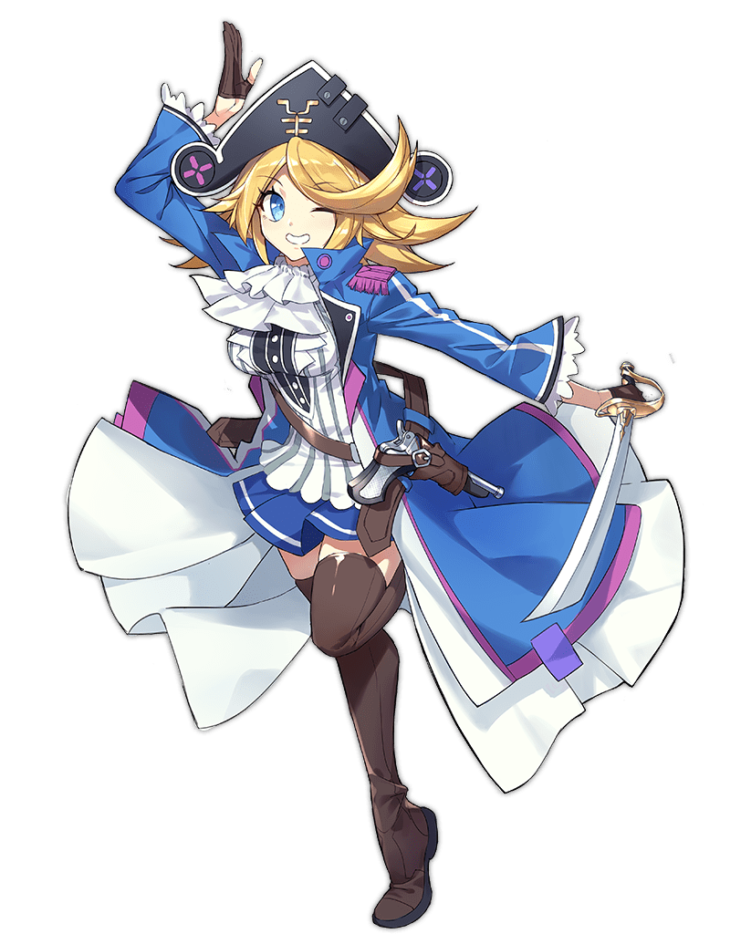 1girl ark_order ascot belt blonde_hair blue_coat blue_eyes blue_skirt boots breasts brown_belt brown_footwear brown_gloves coat epaulettes frilled_sleeves frills full_body gloves gold grin gun half_gloves handgun hat hat_feather holding holding_sword holding_weapon holster jason_(ark_order) kzhu large_breasts long_sleeves looking_at_viewer medium_hair official_art one_eye_closed open_mouth partially_fingerless_gloves pirate_hat shirt sidelocks skirt smile solo standing standing_on_one_leg sword tachi-e thigh_boots thighhighs transparent_background weapon white_ascot white_shirt wing_collar
