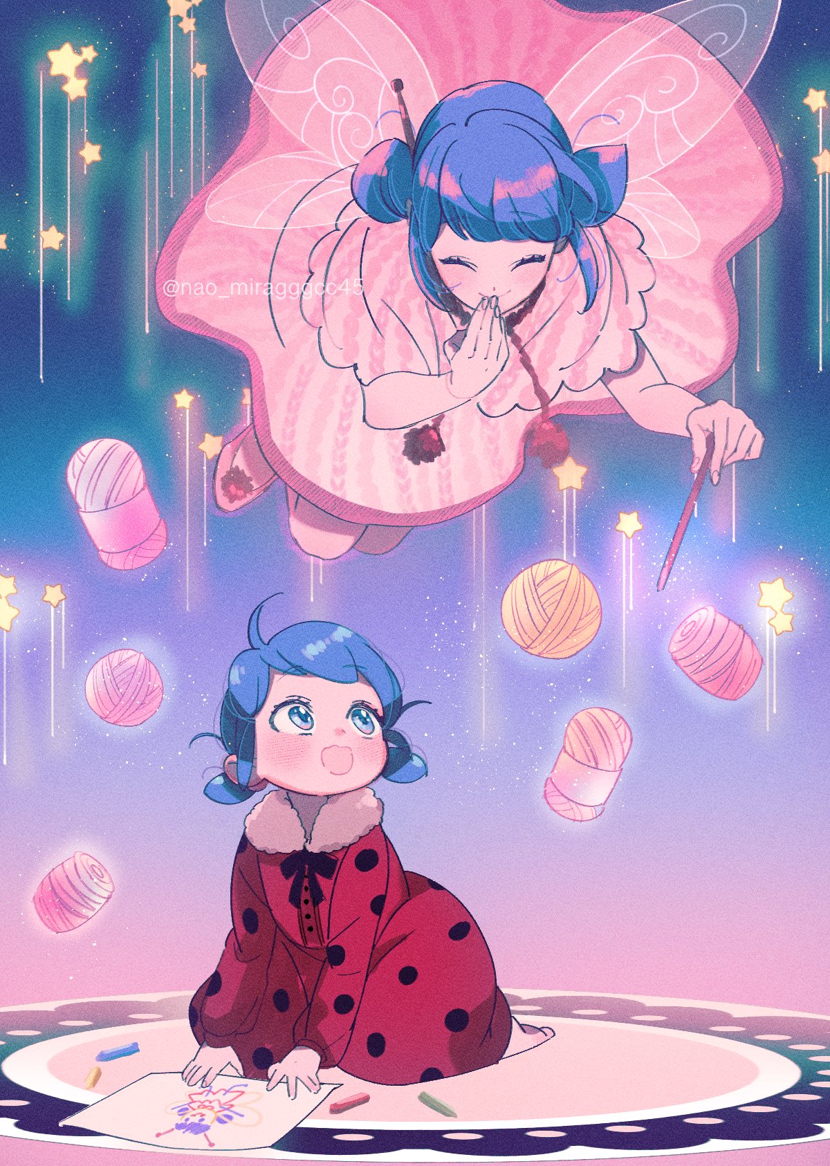 2girls aged_down blue_eyes blue_hair child closed_eyes dress fairy fairy_wings highres jacket magic marinette_dupain-cheng miraculous_ladybug multiple_girls open_mouth pink_dress red_jacket seio_(nao_miragggcc45) sitting smile star_(symbol) thread wings wool