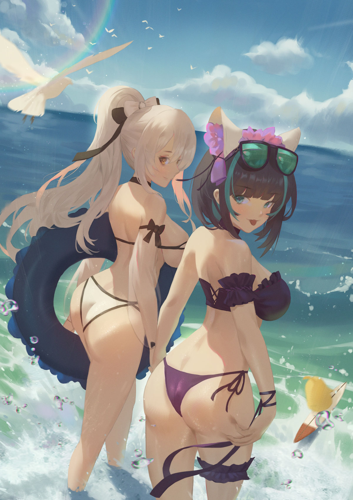 2girls animal_ears aqua_eyes arm_garter ass azur_lane bikini bird black_hair blue_hair blue_sky breasts brown_eyes cat_ears cheshire_(azur_lane) cheshire_(summery_date!)_(azur_lane) cirilla cloud detached_sleeves drake_(azur_lane) drake_(the_golden_hind's_respite)_(azur_lane) eyewear_on_head fake_animal_ears hair_ribbon highres innertube large_breasts leg_garter manjuu_(azur_lane) multicolored_hair multiple_girls ocean ponytail purple_bikini ribbon scenery seagull see-through sky strapless strapless_bikini string_bikini surfboard swimsuit tinted_eyewear tongue tongue_out wading waves white_bikini white_hair