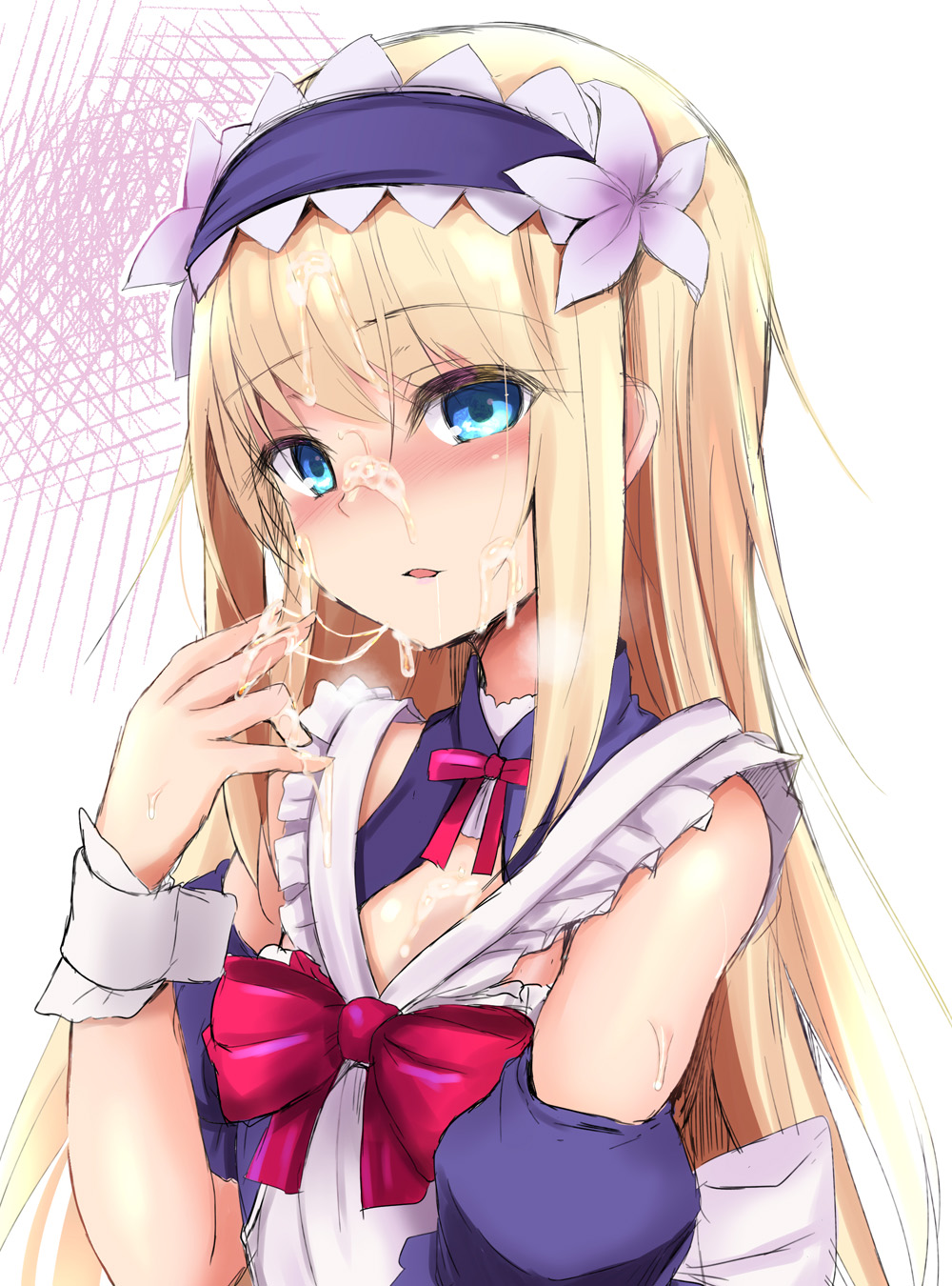 1other apron bare_shoulders blonde_hair blue_dress blue_eyes chevalier_d'eon_(fate) chevalier_d'eon_(maid_knight)_(fate) cleavage_cutout clothing_cutout commentary_request cum dress facial fate/grand_order fate_(series) flower frilled_dress frills hair_flower hair_ornament hairband highres long_hair looking_at_viewer neck_ribbon open_mouth ribbon sen_(astronomy) sidelocks solo white_apron