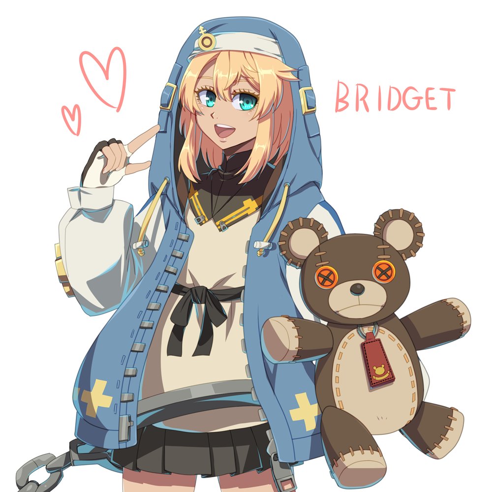 1boy androgyne_symbol black_gloves blonde_hair bridget_(guilty_gear) character_name cuffs fingerless_gloves gloves green_eyes grey_skirt guilty_gear guilty_gear_strive habit handcuffs hood hood_up hooded_jacket hoodie jacket long_sleeves looking_at_viewer male_focus medium_hair open_clothes open_hoodie open_mouth otoko_no_ko pleated_skirt puffy_long_sleeves puffy_sleeves roger_(guilty_gear) skirt smile stuffed_animal stuffed_toy teddy_bear tondabayashi_koori