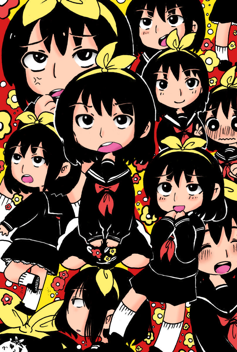 6+girls ? anger_vein ankle_socks artist_request black_eyes black_hair black_sailor_collar black_serafuku black_skirt black_slingshot_swimsuit blush character_request closed_mouth copyright_request dual_persona flower hair_between_eyes hair_ribbon highres leg_up multiple_girls neckerchief open_eyes open_mouth red_background red_flower red_neckerchief ribbon sailor_collar school_uniform serafuku short_hair sidelocks sitting skirt smile socks sunburst sunburst_background v wariza white_socks white_stripes yellow_flower yellow_ribbon