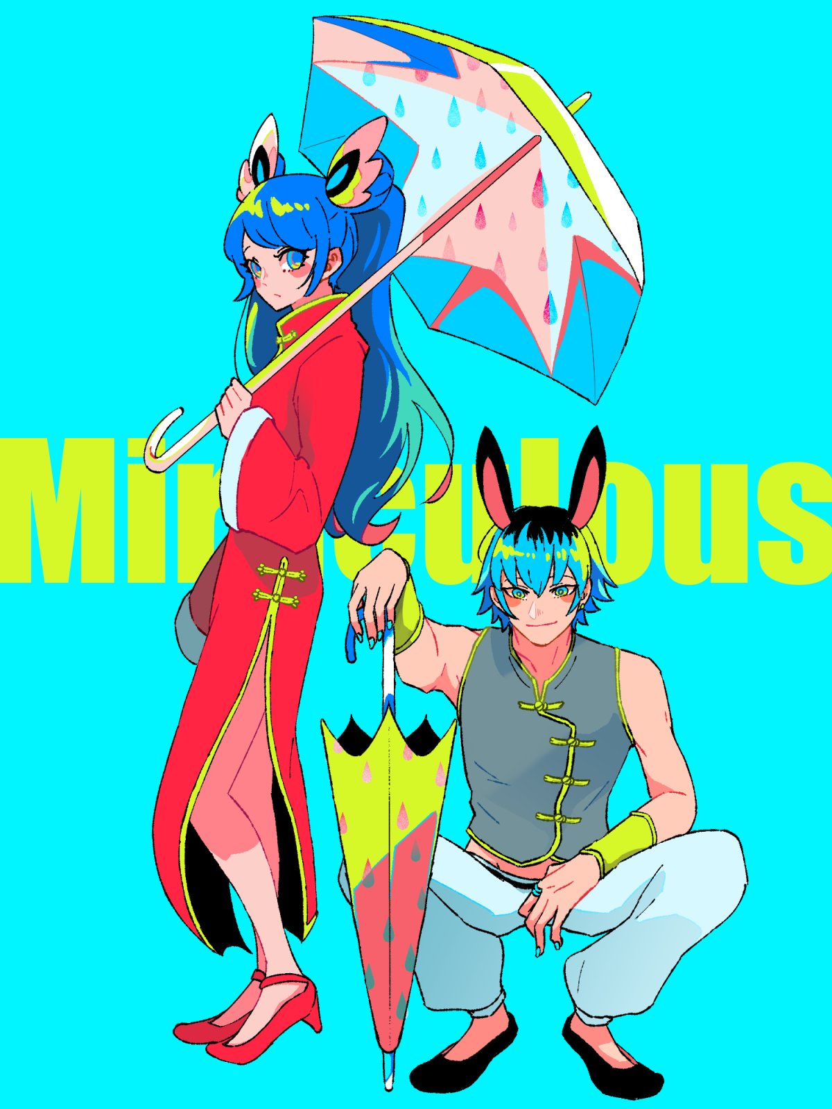 1boy 1girl animal_ears black_footwear blue_background blue_eyes blue_hair chinese_clothes closed_mouth grey_shirt highres holding holding_umbrella long_hair luka_couffaine marinette_dupain-cheng miraculous_ladybug pants pennybug_(character) rabbit_ears red_footwear red_shirt shirt short_hair sitting smile twintails umbrella uneko_anime white_pants