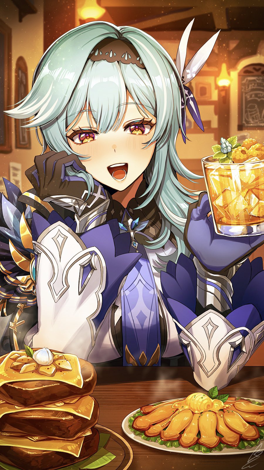"pile_'em_up"_(genshin_impact) 1girl black_hairband blue_gloves blue_hair blue_necktie blush breasts cup drinking_glass drunk eula_(genshin_impact) food genshin_impact gloves hair_ornament hairband hands_up head_on_hand highres holding holding_cup indoors large_breasts looking_at_viewer medium_hair necktie open_mouth revision shibuki_kamone signature solo upper_body white_sleeves wide_sleeves yellow_eyes