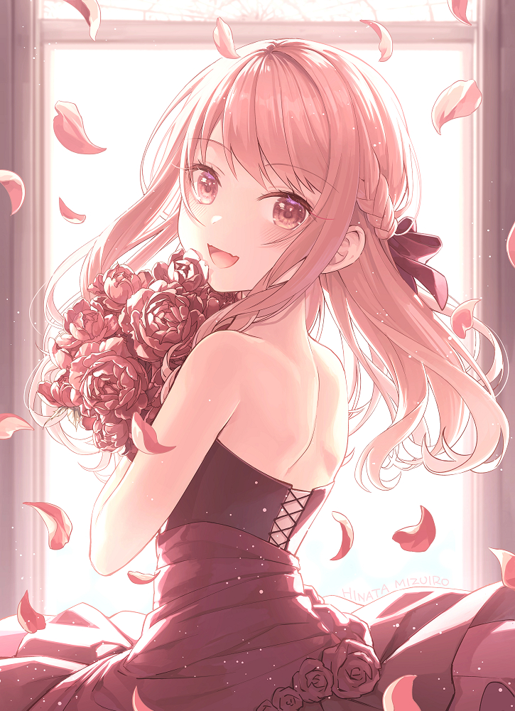 1girl :d backlighting black_dress bouquet bow braid brown_bow brown_eyes character_request dress fang from_side hair_bow hinata_mizuiro holding holding_bouquet light_brown_hair long_hair looking_at_viewer open_mouth project_sekai shoulder_blades single_braid skin_fang sleeveless sleeveless_dress smile solo upper_body