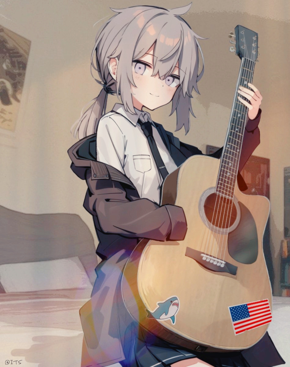 1girl acoustic_guitar american_flag bed black_necktie blue_skirt brown_jacket collared_shirt dot_nose english_commentary girls'_frontline grey_hair guitar hair_between_eyes hair_intakes hair_tie highres holding holding_guitar holding_instrument ikea_shark indoors instrument its_(pixiv_61283676) jacket looking_at_viewer m200_(girls'_frontline) necktie off_shoulder on_bed pixiv_username pleated_skirt ponytail poster_(object) purple_eyes shirt sidelocks single_sleeve_past_fingers sitting skirt smile solo sticker stuffed_animal stuffed_shark stuffed_toy white_shirt