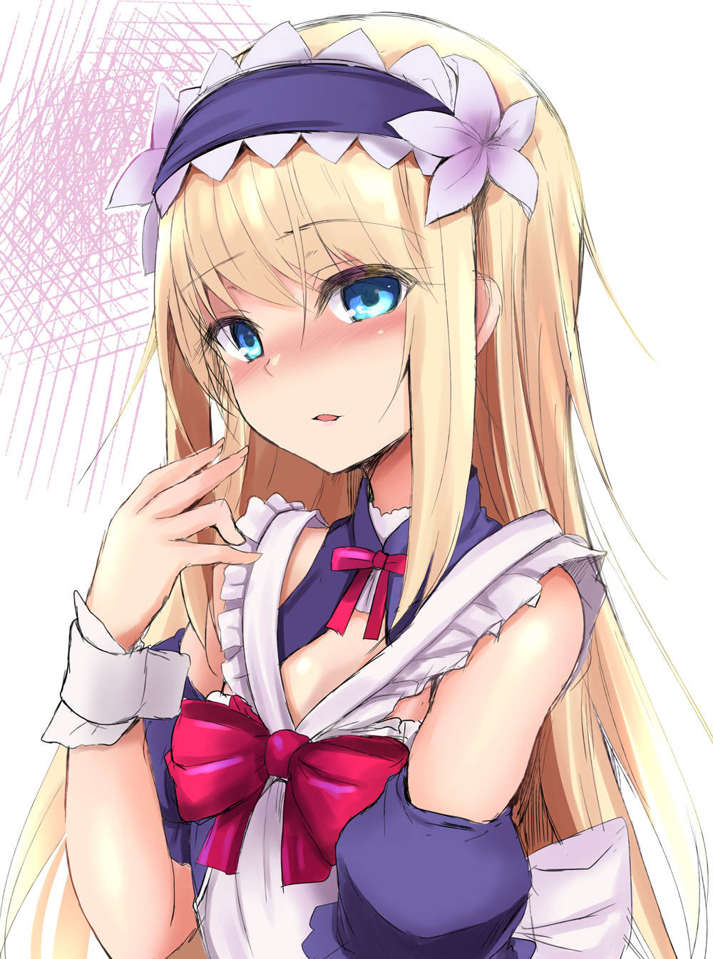 1other apron bare_shoulders blonde_hair blue_dress blue_eyes chevalier_d'eon_(fate) chevalier_d'eon_(maid_knight)_(fate) cleavage_cutout clothing_cutout commentary_request dress fate/grand_order fate_(series) flower frilled_dress frills hair_flower hair_ornament hairband highres long_hair looking_at_viewer neck_ribbon open_mouth ribbon sen_(astronomy) sidelocks solo white_apron