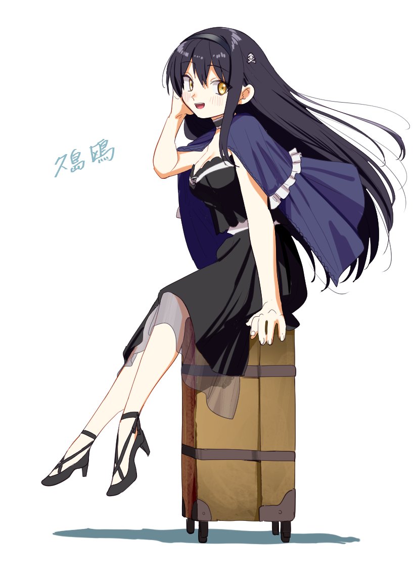 1girl :d arm_at_side bare_arms benbe black_footwear black_hair black_hairband black_shirt black_skirt blue_capelet blush bone_hair_ornament breasts capelet character_name cleavage floating_hair frilled_capelet frills full_body hair_between_eyes hair_ornament hairband hand_up happy high_heels kushima_kamome large_breasts long_hair looking_at_viewer no_socks open_mouth rolling_suitcase shirt simple_background sitting skirt skull_and_crossbones skull_hair_ornament sleeveless sleeveless_shirt smile solo straight_hair suitcase summer_pockets teeth tsurime upper_teeth_only very_long_hair white_background yellow_eyes