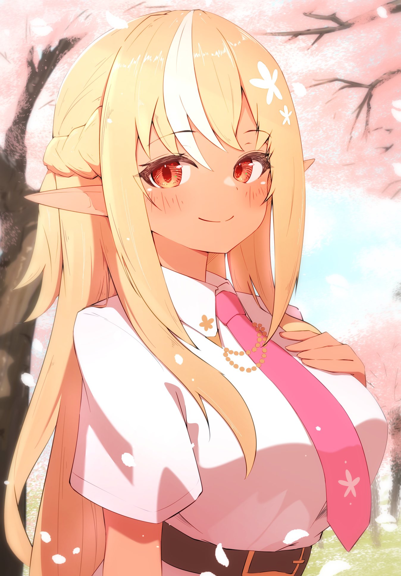 1girl belt blonde_hair blush braid breasts brown_belt cherry_blossoms closed_mouth collared_shirt dark-skinned_female dark_skin falling_petals flower french_braid hair_flower hair_ornament hand_on_own_chest highres hololive large_breasts long_hair looking_at_viewer multicolored_hair necktie official_alternate_costume outdoors petals pink_necktie pointy_ears red_eyes sen_(sen42724788) shiranui_flare shiranui_flare_(4th_costume) shirt smile solo streaked_hair tree virtual_youtuber white_hair white_shirt