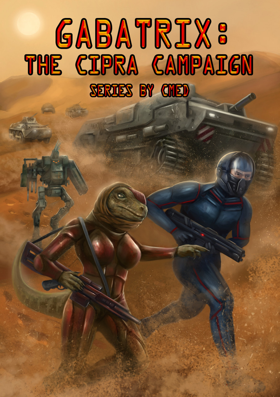 alien anthro armor breasts clothed clothing day desert detailed_background digital_media_(artwork) duo female gun headgear helmet hi_res holding_gun holding_object holding_ranged_weapon holding_weapon human machine male mammal novel_cover outside pieromng ranged_weapon scalie science_fiction tail tank the_gabatrix_database theuniverseofcmed vehicle walking weapon